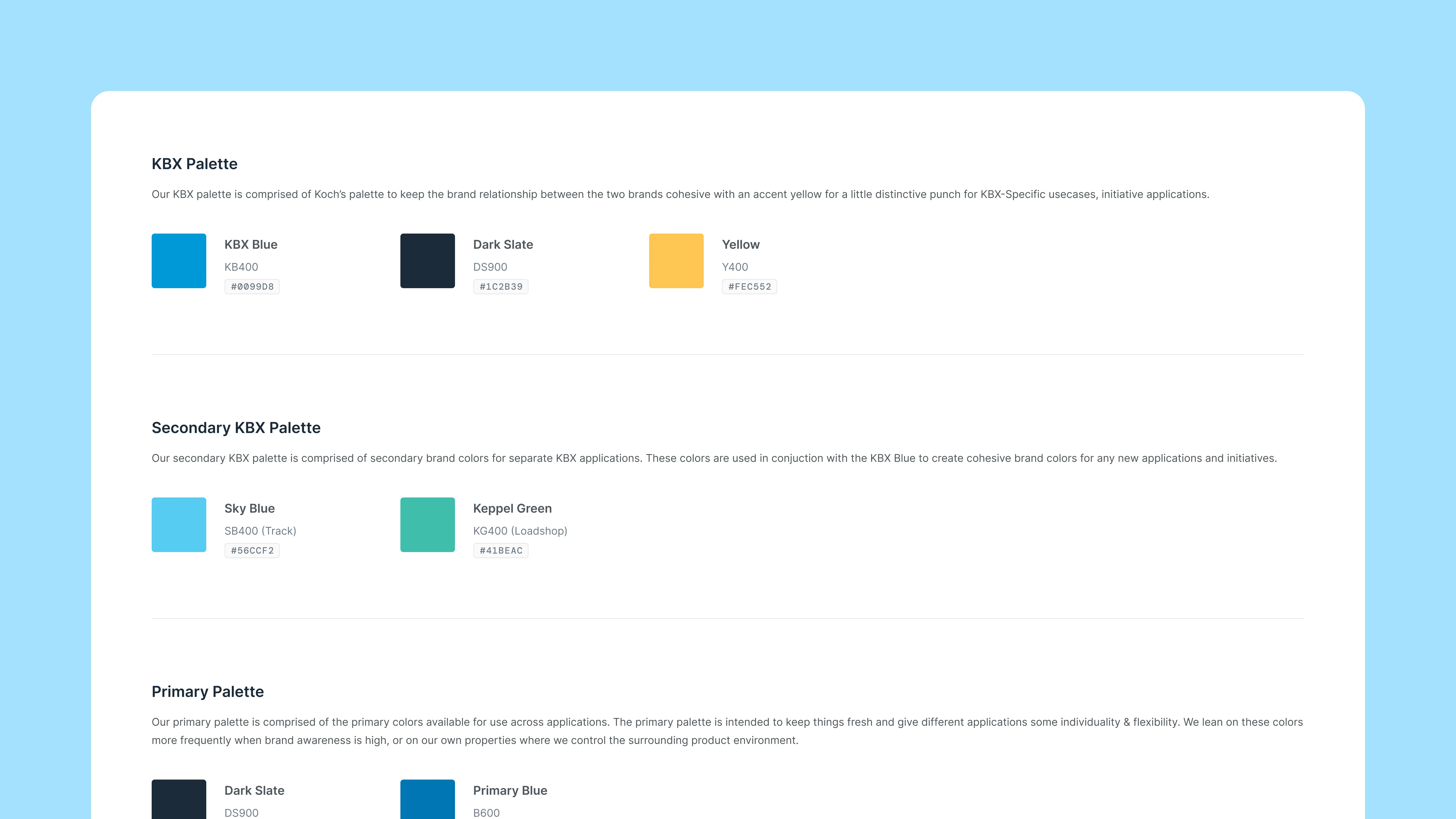 A snippet of the guidelines for using colors in the KBX Design System